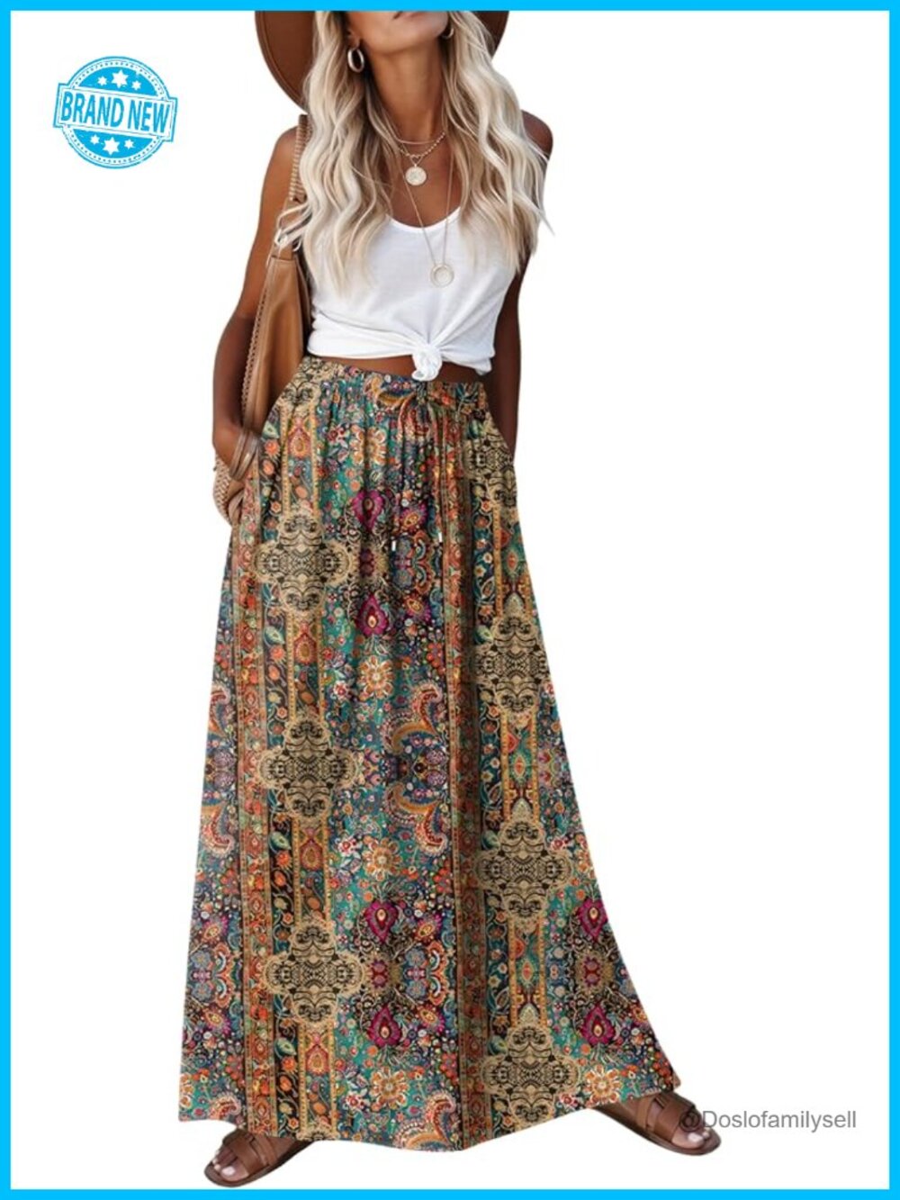 Boho Floral Maxi Skirt High Waist Elastic A Line Long Skirt with Pockets